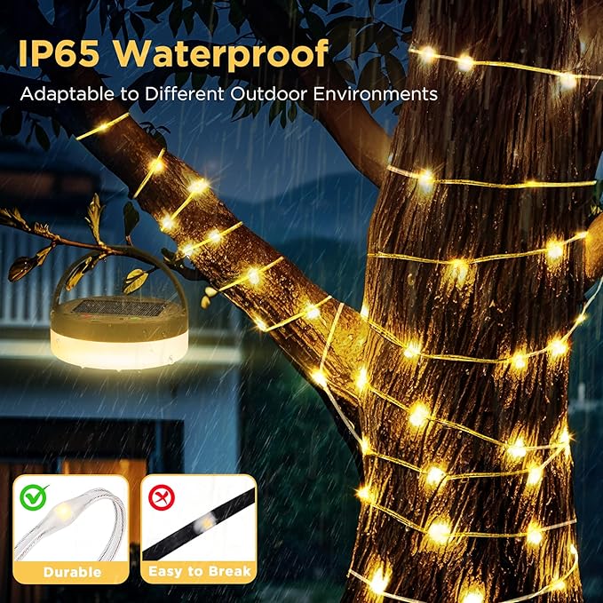 Solar Camping String Lights, 33FT 3000mAh Retractable 4 in 1 Camp Lights with 8 Modes, Portable Rechargeable Camp Lamp, Camping Lamp Outdoor Waterproof, Tent Light for Party, Yard, Hiking