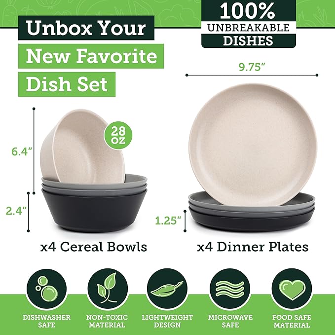 Grow Forward Premium Wheat Straw Plates and Bowls Sets - 8-Piece Wheat Straw Dinnerware Sets - Unbreakable & Reusable Microwave Safe Plastic Dinner Plates for Outdoors, RV, Camping Dishes - Moonlight