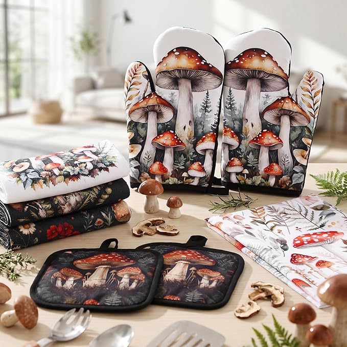 Hahafelt 8 Pcs Kitchen Gift Dish Towel Pot Holder Oven Mitt Set 4 Tent Car Tea Towels with Funny Sayings Novelty 2 Oven Mitts 2 Pot Holders Accessories Decor for Rv Campers (Mushroom)