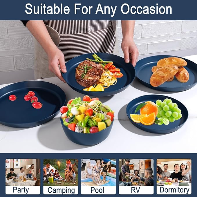EI 12pcs Dark Blue Wheat Straw Dinnerware Set,Wheat Straw Plates,Plastic Plates Reusable,Plate and Bowls Sets,Unbreakable Plastic Plate for Dinner, Camping,Picnic