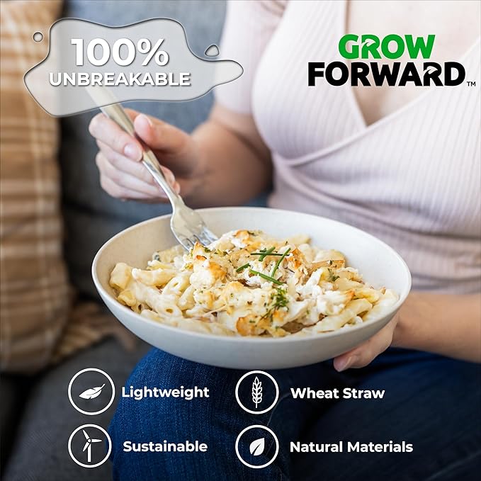 Grow Forward Premium Wheat Straw Pasta Bowls - 42oz Unbreakable Wide & Shallow Dinner Plate Bowls Set of 6 - Microwave Safe Reusable Plastic Pasta Bowls for Kids, Adults, Salad, Camping, RV - Sahara