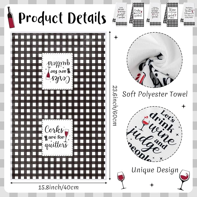 R HORSE Funny Kitchen Dish Towels - 5Pcs Funny Wine Kitchen Hand Towels, Cute Absorbent Cleaning Dishcloth Bathroom Home Decor for Wine Lovers Girls Women Hostess Housewarming Gifts