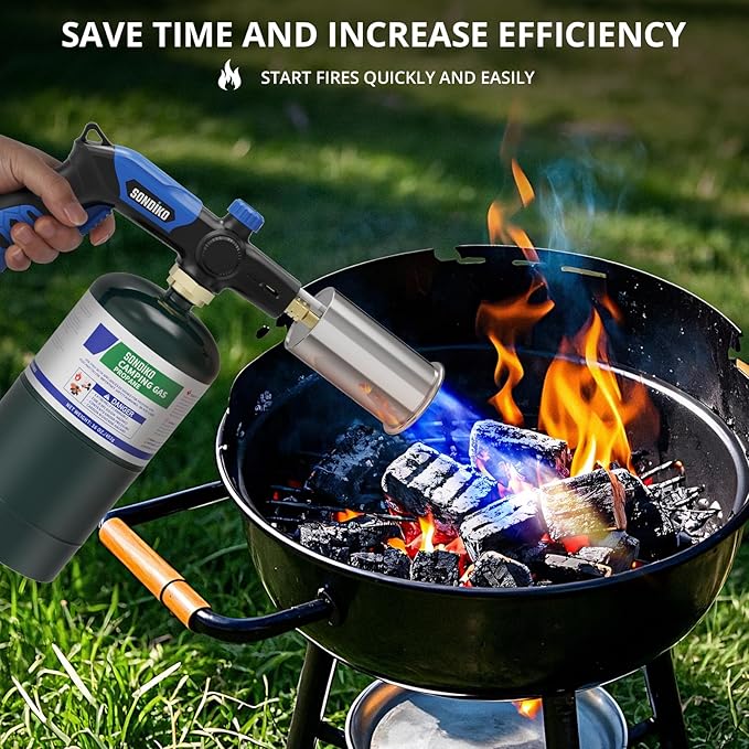 Sondiko Powerful Grill & Cooking Propane Torch L8010, Sous Vide, Campfire Starter, Adjustable Wood Torch Burner for Searing Steak, BBQ, Welding(Blue & Black) Propane Tank Not Included