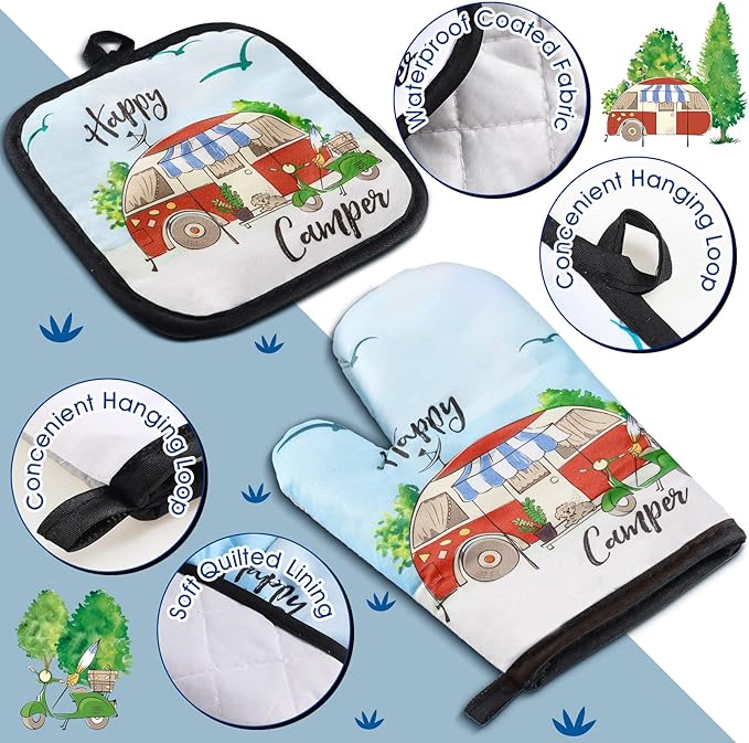 CHENGU 4 Pcs Camping Dish Towel Pot Holder Oven Mitt Gifts Camping Must Have Accessories Essentials Making Memories One Campsite at a Time RV Kitchen Towel Absorbent Soft Hand Dishcloth
