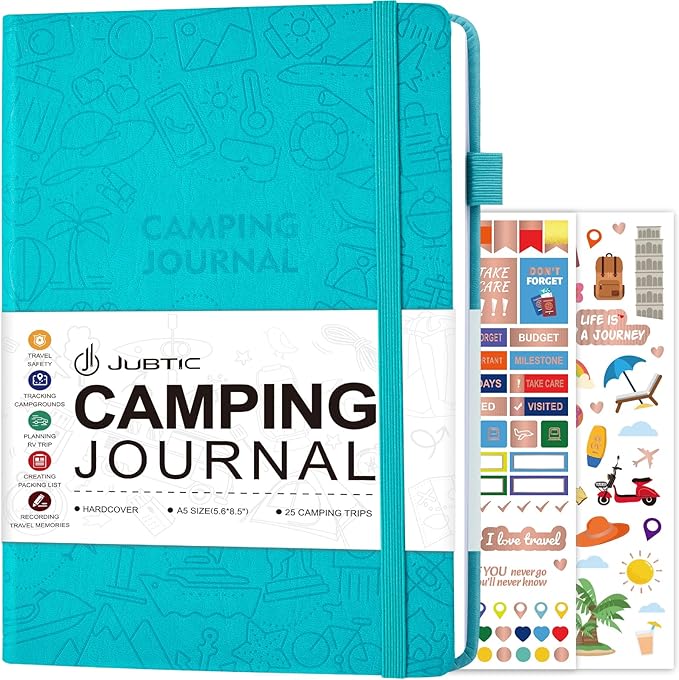 JUBTIC Camping Journal and RV Travel Log Book, A5 Adventure Journal for 25 Camping, Hiking Journal, Family Travel Books Camper Essentials Camping Gifts for Women-Turquoise