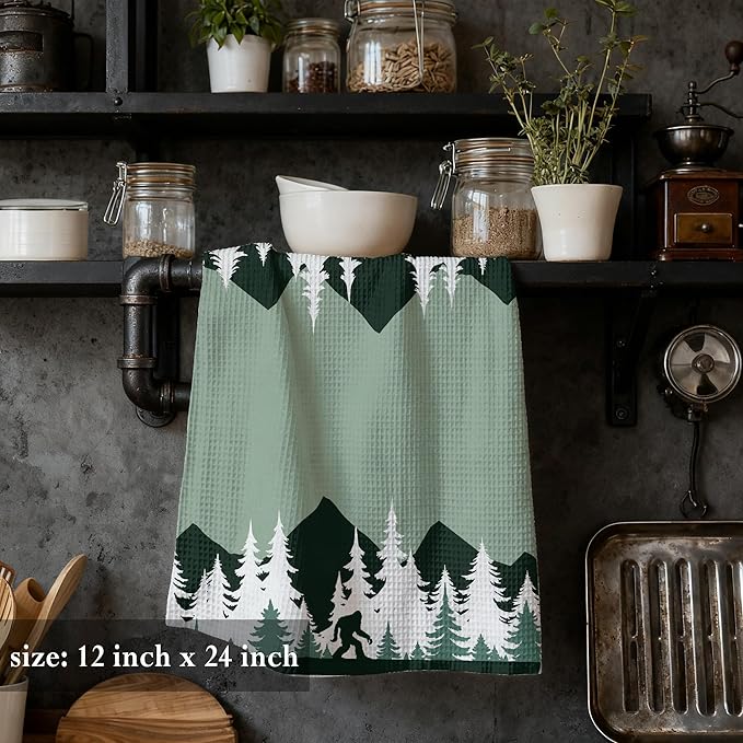 Funny Bigfoot Sasquatch Forest Kitchen Dish Tea Towels 16x24, Camper Decor Hand Towels for Bathroom, Camping Camper Bigfoot Gifts for Women,Big Foot Sasquatch Gifts