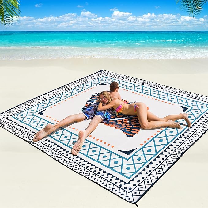 WIWIGO Beach Blanket Waterproof Sandproof Beach Mat 79" X 83"/10'x9'for 2-8 Adults Quick Drying Outdoor Picnic Mat Beach Accessories for Travel, Camping, Hiking