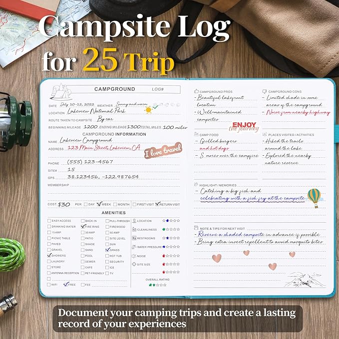 JUBTIC Camping Journal and RV Travel Log Book, A5 Adventure Journal for 25 Camping, Hiking Journal, Family Travel Books Camper Essentials Camping Gifts for Women-Turquoise