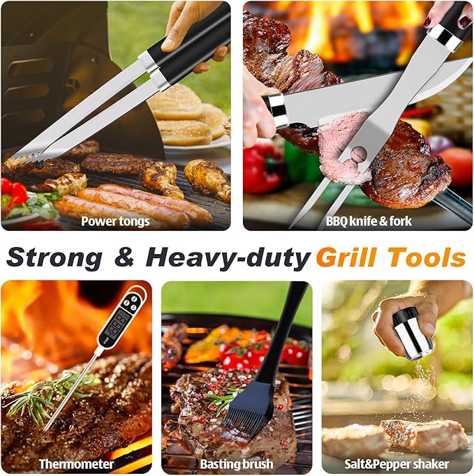 ROMANTICIST 26pcs Grilling Gifts for Men, Dad Gifts for Father's Day, Stainless Steel BBQ Grill Accessories Tools Set, Heavy Duty BBQ Utensils Kit with Apron, Thermometer, Mats in Aluminum Case Black