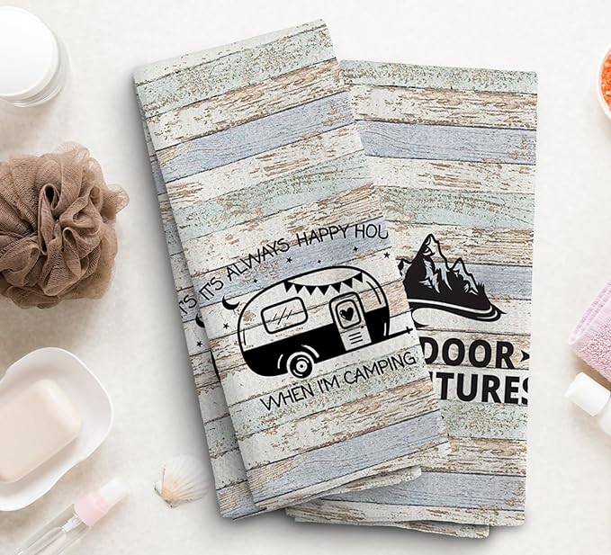 Camp Towel, Outdoor Adventures Kitchen Towels, Camping Decoration, Happy Camper RV Accessories, Gifts for Campers, Camping Gifts for Women Men, Set of 2, 16x24