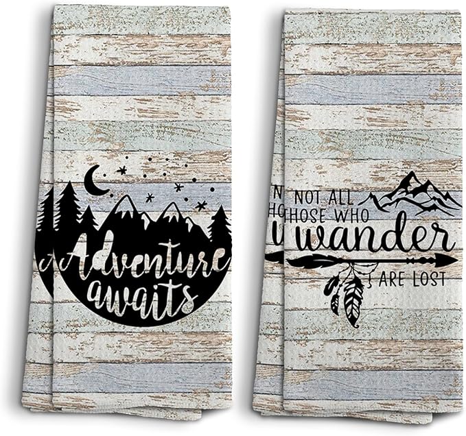 Camping Dish Towels, Camping Gifts for Women Men, Camping Decor for Camper, RV Accessories, Adventure Awaits Decoration Hand Tea Towels, Set of 2, 16x24