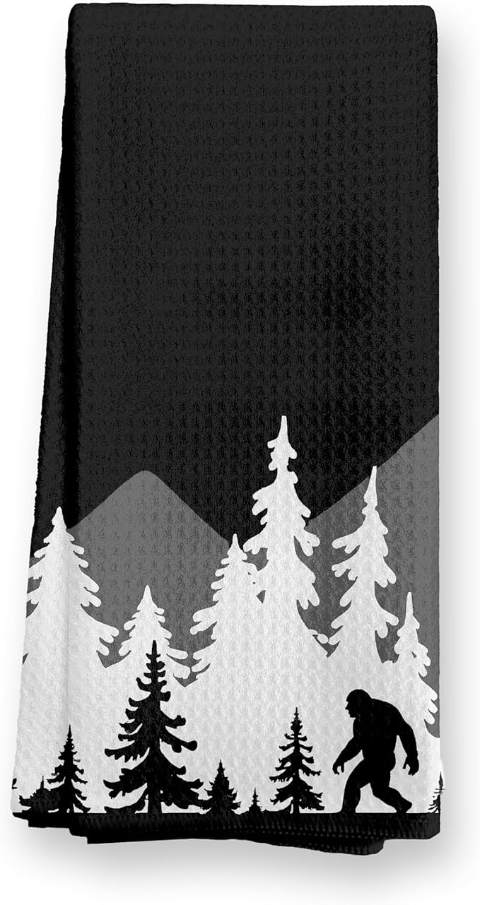 Funny Christmas Sasquatch Kitchen Towels, Black and White Farmhouse Christmas Forest Dish Tea Towels for Kitchen Decor, Xmas Winter Holiday Hand Towel for Bathroom Decor, 16x24 Inch,C086-MJ-ZH