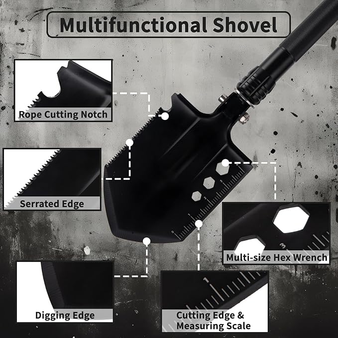 Survival Shovel Survival Axe, Heavy-Duty Carbon Steel Camping Folding Shovel with Multiple Extension Handles(7.3-21.9In), Suitable for Survival Tools in Camping, Off-Road, Excavation, and Hiking