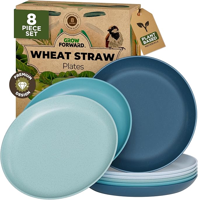 Grow Forward Premium Wheat Straw Plates - 8 Inch Reusable Hard Plastic Dinner Plates Set of 8 - Unbreakable Microwave Safe Plates for Dessert, Camping, RV, Outdoors, Patio, Kitchen Dishes - Seascape