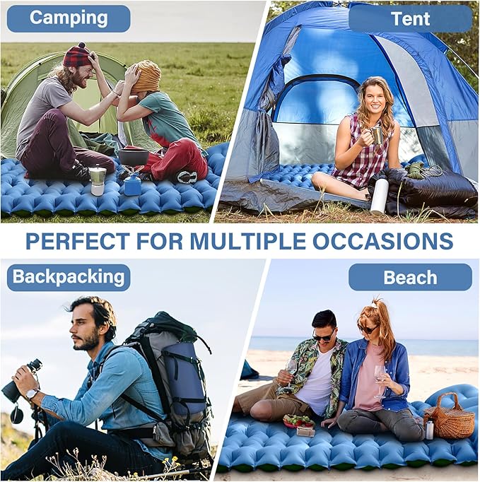 Yuzonc Double Camping Sleeping Pad with Built-in Foot Pump and Pillows – Ultralight Inflatable Sleeping Mat for 2 Person, Compact Air Mattress for Backpacking Hiking Tent Camping, Portable Outdoor