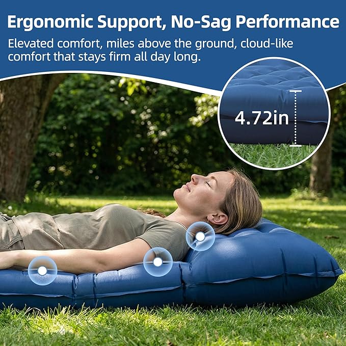 Camping Sleeping Pad, 4.7" Extra-Thick Camping Mattress with Pillow, Built-in Foot Pump Ultralight Inflatable Sleeping Pads for Camping Hiking Backpacking Traveling Tent, Navy Blue, Single