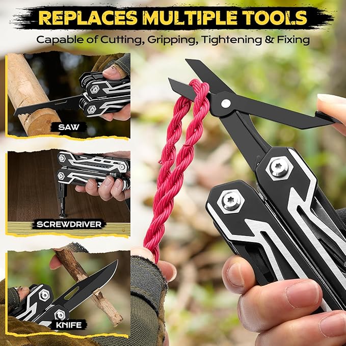 BIBURY Multitool, 21-in-1 Stainless Steel Pocket Knife with Scissors, Self-locking Multi Tool Pliers with Sheath for Outdoor, Survival, Camping, Home Repair, Gadgets for men Gifts for Men