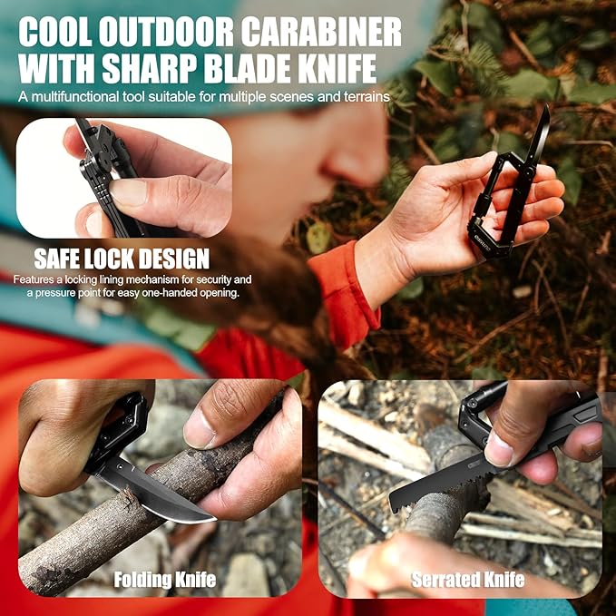 Carabiner Multitool 8-in-1 EDC Carabiners Pocket Knife, Serrated Knife, Rope Cutter, Screwdriver, Can Bottle Opener, Ruler, Survival Gear for Camping Climbing Hiking, Gifts for Men (Black)