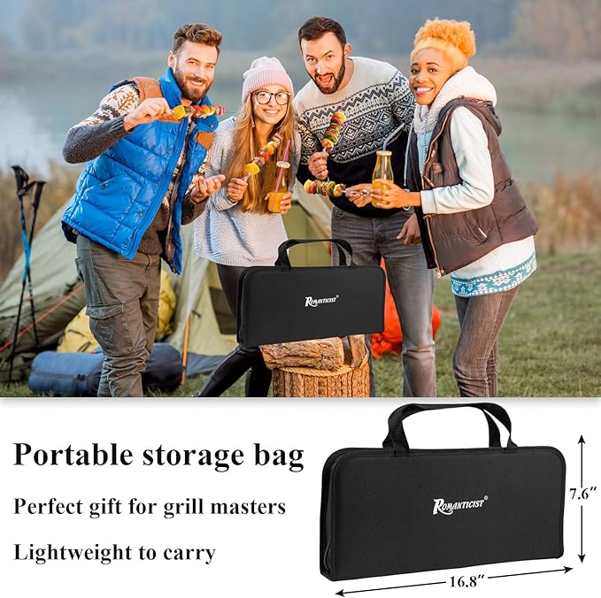 ROMANTICIST 27pcs Heavy Duty Grilling Gifts for Men Dad Fathers Day, Extra Thick BBQ Accessories Tools Set, Stainless Steel Grill Utensils Kit with Meat Claws,Canvas Bag for Outdoor Camping Brown