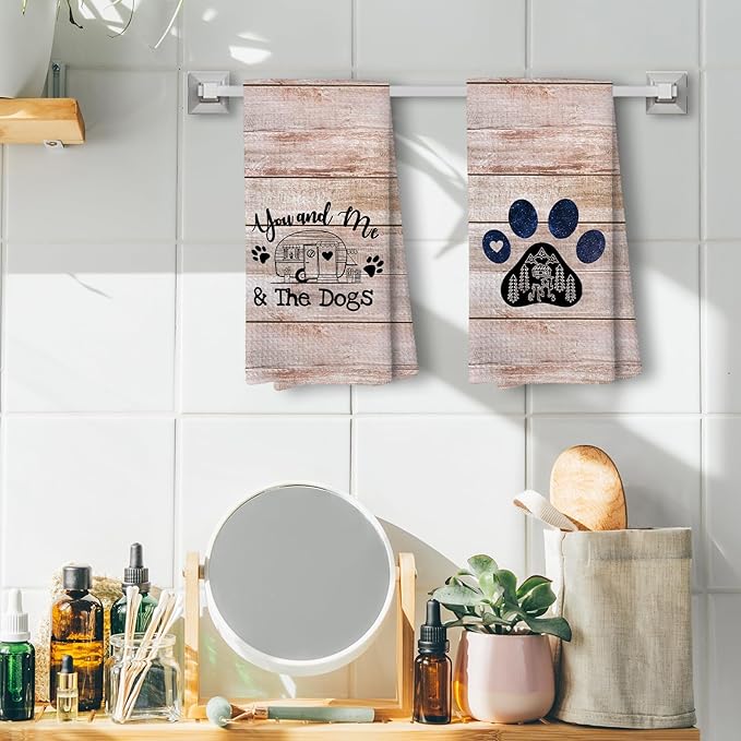 Pink You and Me and The Dogs Camping Kitchen Towels, Dog Kitchen Towels, RV Campsite Decor, Camping Supplies for RV Campers Campers Lovers Women Men 16x24 in Set of 2