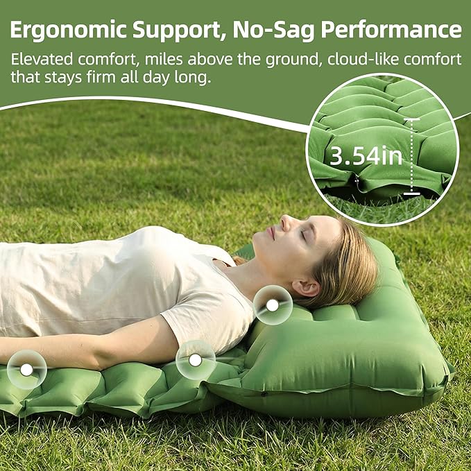 Camping Sleeping Pad, Extra-Thick Camping Mattress with Pillow, Built-in Foot Pump 3.56" Ultralight Inflatable Sleeping Pads for Camping Hiking Backpacking Traveling Tent, Green, Single