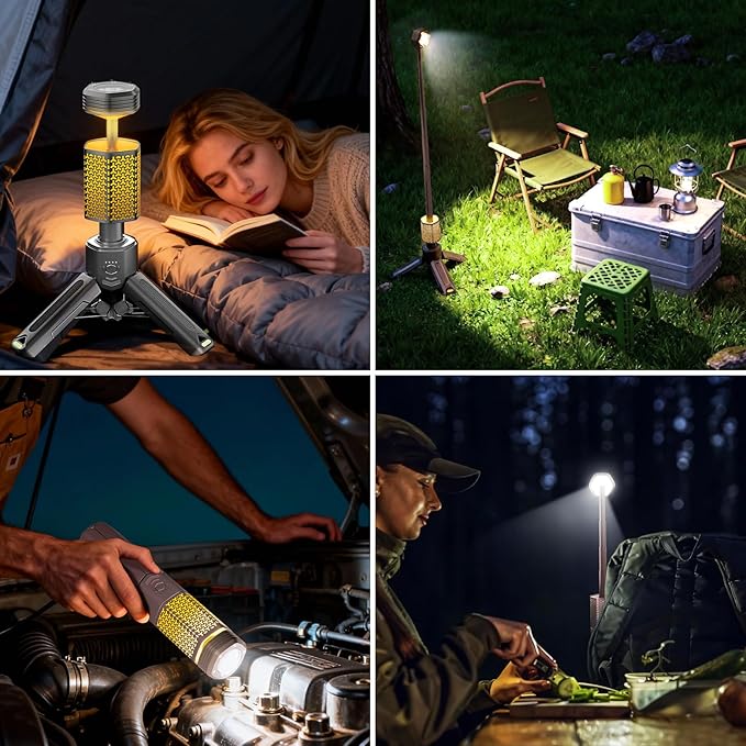 Telescopic Portable Camping Light with Stand - 10500mAh Rechargeable Camping Light with Storage Bag, Dimmable Magnetic Tent Lamp,Waterproof Tripod Pole Work Lights for Outdoor Emergency, Hiking, Gray