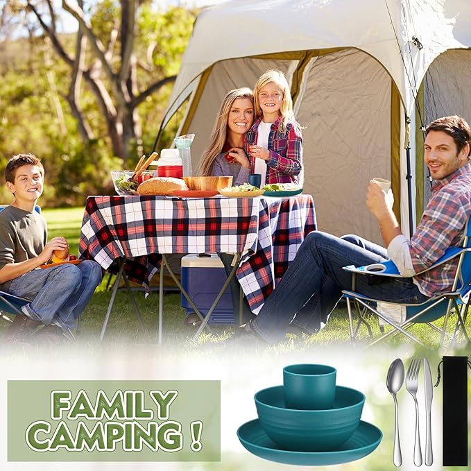 Teenyyou 4 Sets Camping Mess Kits for 4 Person Camping Silverware Set Include Cup, Bowl, Plate, Knife, Spoon, Fork Cutlery Set Unbreakable Wheat Straw Dinnerware Utensils for Travel