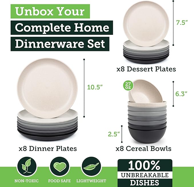 Grow Forward 24-piece Premium Wheat Straw Dinnerware Sets for 8 - Unbreakable Dishwasher & Microwave Safe Plastic Plates and Bowls Sets - Patio, Outdoors, RV, Camping Dishes - Moonlight