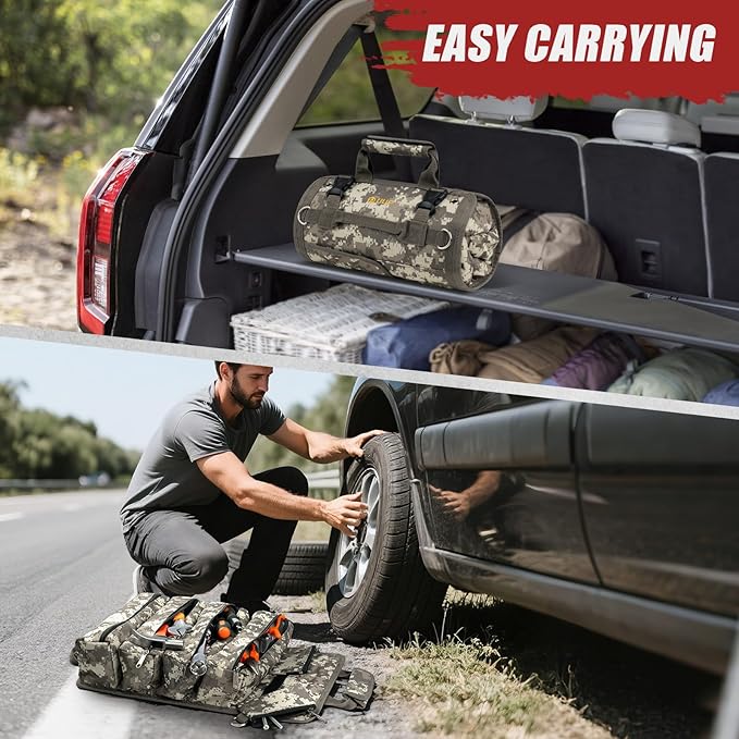 Tool Bag Roll Up, UUP Heavy Duty Rolled Empty Tool Storage Organizing, Portable Tool Roll Container with 2 Detachable Pockets, Folding Tool Holder, Father Day Dad Men Electrician Gift, Camouflage
