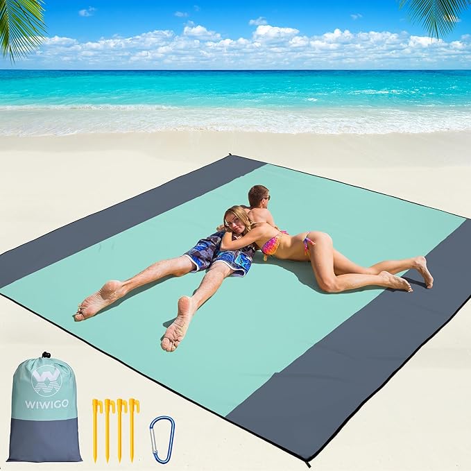 WIWIGO Beach Blanket Waterproof Sandproof Beach Mat 79" X 83"/10'x9'for 2-8 Adults Quick Drying Outdoor Picnic Mat Beach Accessories for Travel, Camping, Hiking