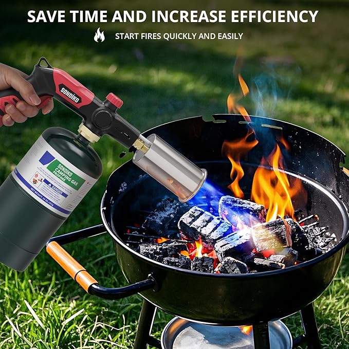 Sondiko Powerful Grill & Cooking Propane Torch L8010, Sous Vide, Campfire Starter, Adjustable Wood Torch Burner for Searing Steak, BBQ, Welding(Red & Black) Propane Tank Not Included