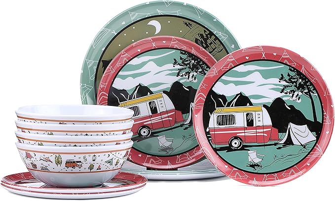 12-Piece Melamine Dinnerware Set,Unbreakable Camping Plates and Bowls Set of 4, Lightweight Outdoor Dishes with Camper Van & Tent Design for RV, Picnic, Backpacking, and Patio,Dishwasher Safe