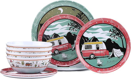 12-Piece Melamine Dinnerware Set,Unbreakable Camping Plates and Bowls Set of 4, Lightweight Outdoor Dishes with Camper Van & Tent Design for RV, Picnic, Backpacking, and Patio,Dishwasher Safe