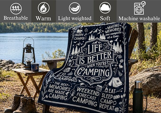 Camping Gifts for Women Men Lovers Throw Blanket, Happy Campers Decor Outdoor, RV Campsite Travel Hiking - Life, 50" x 65"