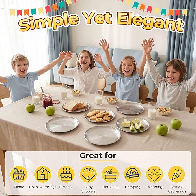 Homikit Stainless Steel Plates for Kids, 4-Piece 10.2 Inch Metal 304 Kids Toddler Plates for Children Adults, 18/8 Non Toxic Dinner Camping Dishes Set of 4, Dishwasher Safe & Reusable