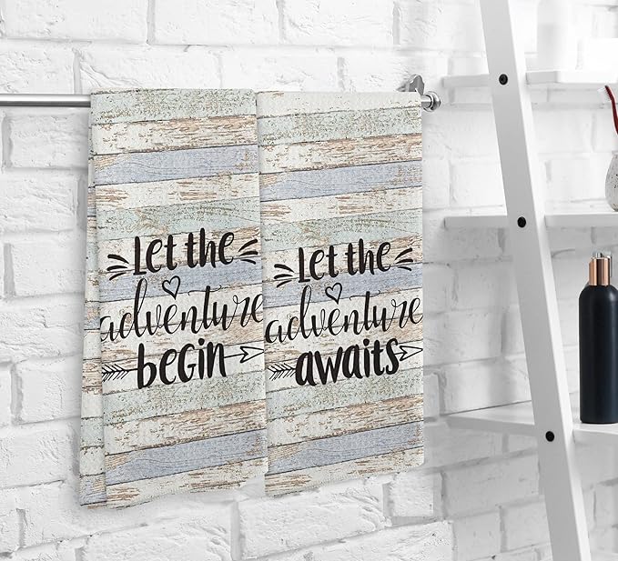 Let The Adventure Begin Kitchen Towel and Dishcloth Set of 2, Camping Hand Towels, Gifts for Campers, Campsite Drying Cloth, Tea Towels for Bathroom Kitchen, 1624 Inch