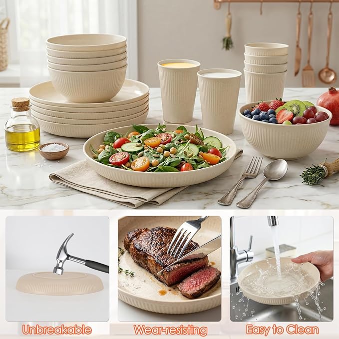 Unbreakable Dinnerware Sets for 6 People,18pcs Camping Plates and Bowls Set, Reusable Picnic Set plastic Plates, Cups, Bowls for Children, Adult, Party, Home