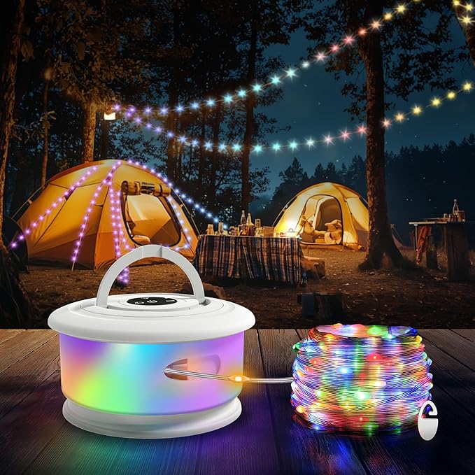 TOHETO Camping String Lights, 3 in 1 Upgraded Retractable RGB Outdoor String Lights with 19 Lighting Modes, Quick 30s Recovery, 32.8 FT Portable Tent Lights, Rechargeable Camping Lantern (White)