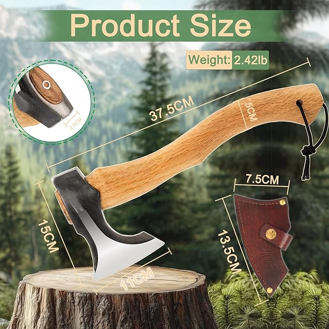 Bushcraft Camping Hatchet, 14.7 in Hand Forged Splitting Axe for Outdoor Wood Splitting Chopping & Carving Tool with Leather Sheath