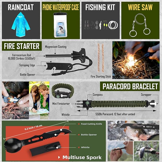 Survival Kit, 268 Pcs Emergency Survival Gear and Equipment Supplies with First Aid Kit, Camping Axe, Headlamp, Crossbody Bag for Camping Hiking, Hunting, Gift for Christmas Men, Dads,
