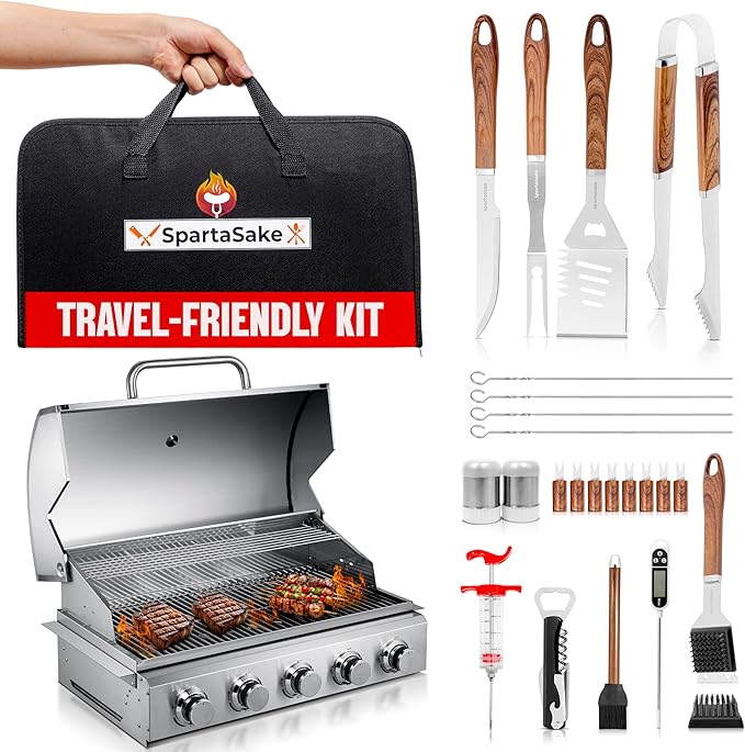 SpartaSake (24-Pack) Premium Stainless Steel BBQ Grilling Accessories with Black Handles - Barbecue Gill Accessories Set for Blackstone Griddle - Outdoor Camping Grill Set for BBQ for Dad Men Women