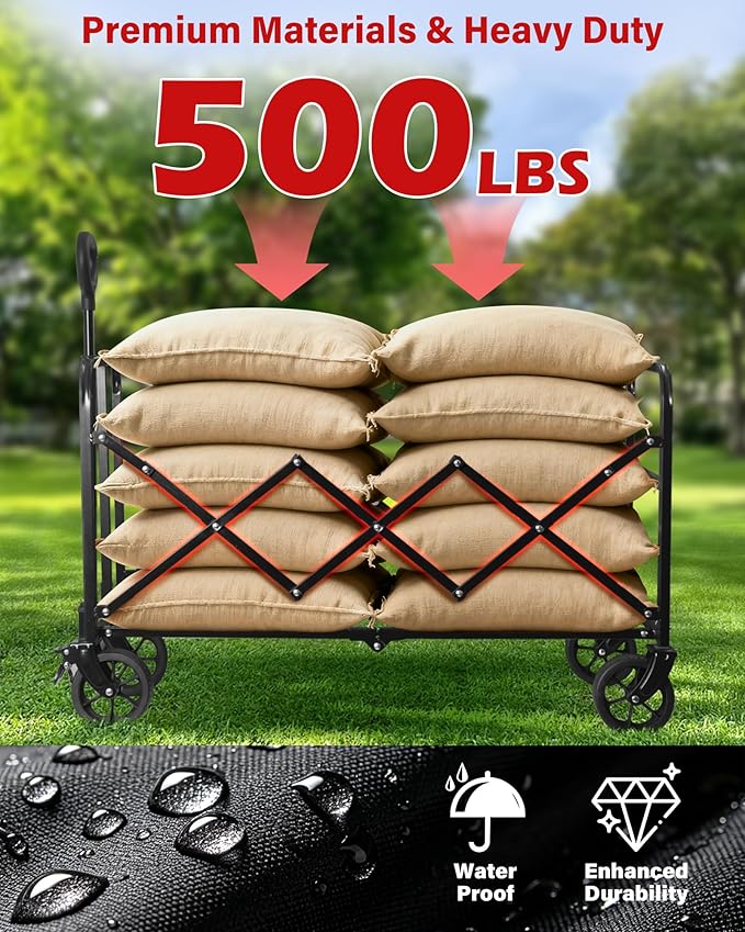 Collapsible Wagons Carts Foldable Wagon, 500LBS Wagon Cart Foldable Heavy Duty with Brakes & All-Terrain Wheels, Large Collapsible Folding Wagons for Beach Camp Sports Grocery, Portable (Black)