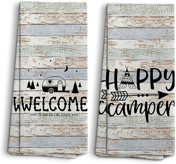 Happy Camper Hand Towels, Camper Gifts, RV Accessories for Inside Fun, Camping Gifts for Women Men, Welcome to Our Rolling Estate Kitchen Towels Dish Towels, Set of 2,16x24