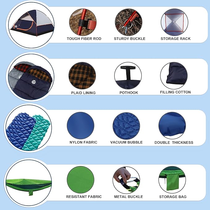 Northroad 9PCS Camping Tent Kit, Including 1 2/3 Person Dome Tent, 2 Sleeping Bag, 2 Sleeping Pad/Camping Mat, 2 Single Camping Hammock with 2 Tree Straps, 2 Lightweight Fuzzy Bed Blanket