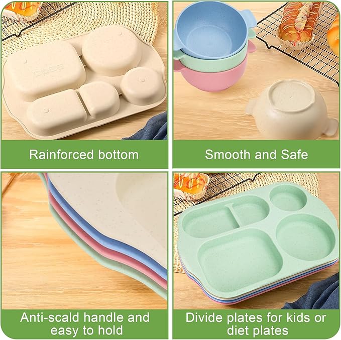 Unbreakable Dinnerware Sets for 4 People,24pcs Divided Plates and Bowls, Reusable Dinnerware Plastic Plates, Cups, Bowls, Cutlery Set for School Party, Camping, Home, Office