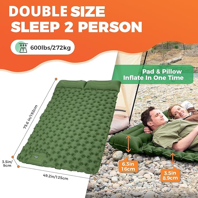 KingCamp Sleeping Pad for Camping, Ultralight Connectable Inflatable Sleeping Pad Camping Mattress with 6.3" Built-in Pillow & Foot Pump for Backpacking Hiking Tent Cot