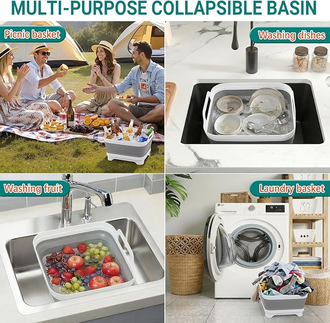 Yecuip Collapsible Wash Basin for Baby Bottles with Drying Rack – 2.4 Gallon Foldable Dish Tub with Handles, Portable RV Camping Sink & Space-Saving Wash Bin with Lid for Kitchen, Travel & Outdoor
