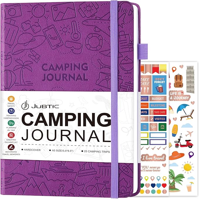 JUBTIC Camping Journal and RV Travel Log Book, A5 Adventure Journal for 25 Camping, Hiking Journal, Family Travel Books Camper Essentials Camping Gifts for Women-Purple