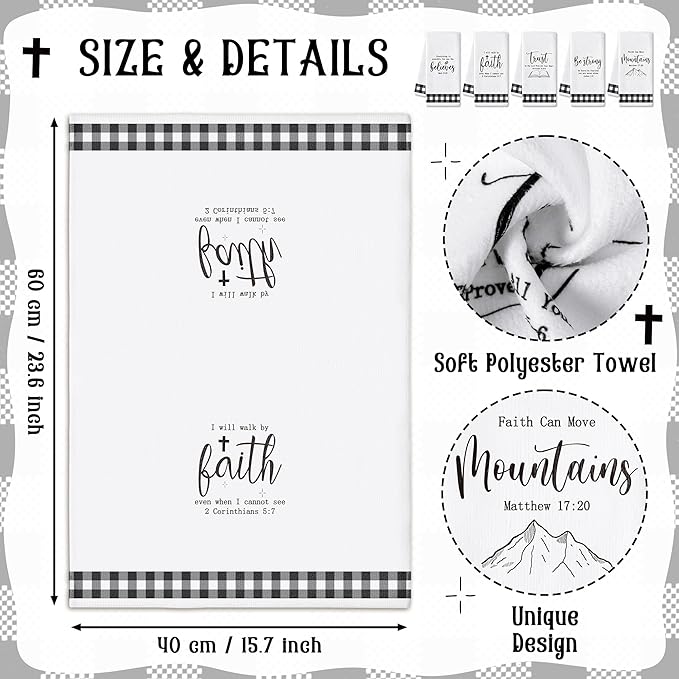 R HORSE Religious Christian Kitchen Dish Towel 5Pcs Bible Verse Scripture Kitchen Cleaning Dishcloth, Black and White Check Absorbent Hand Towel for Women Men Religious Housewarming Gift