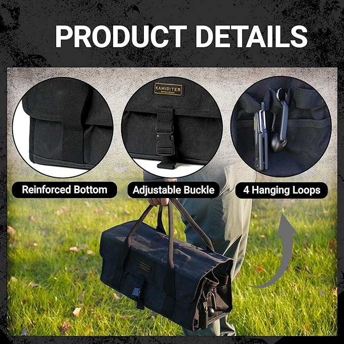 Flip Lid Camping Tool Bag, 15" Multi-Container Storage Soft Case, Water-Resistant Camping Tool Tote for Tent Stakes, Cooking Gear, Cutlery, Utensil, Flatware, Tea Kettle and Tools, Black